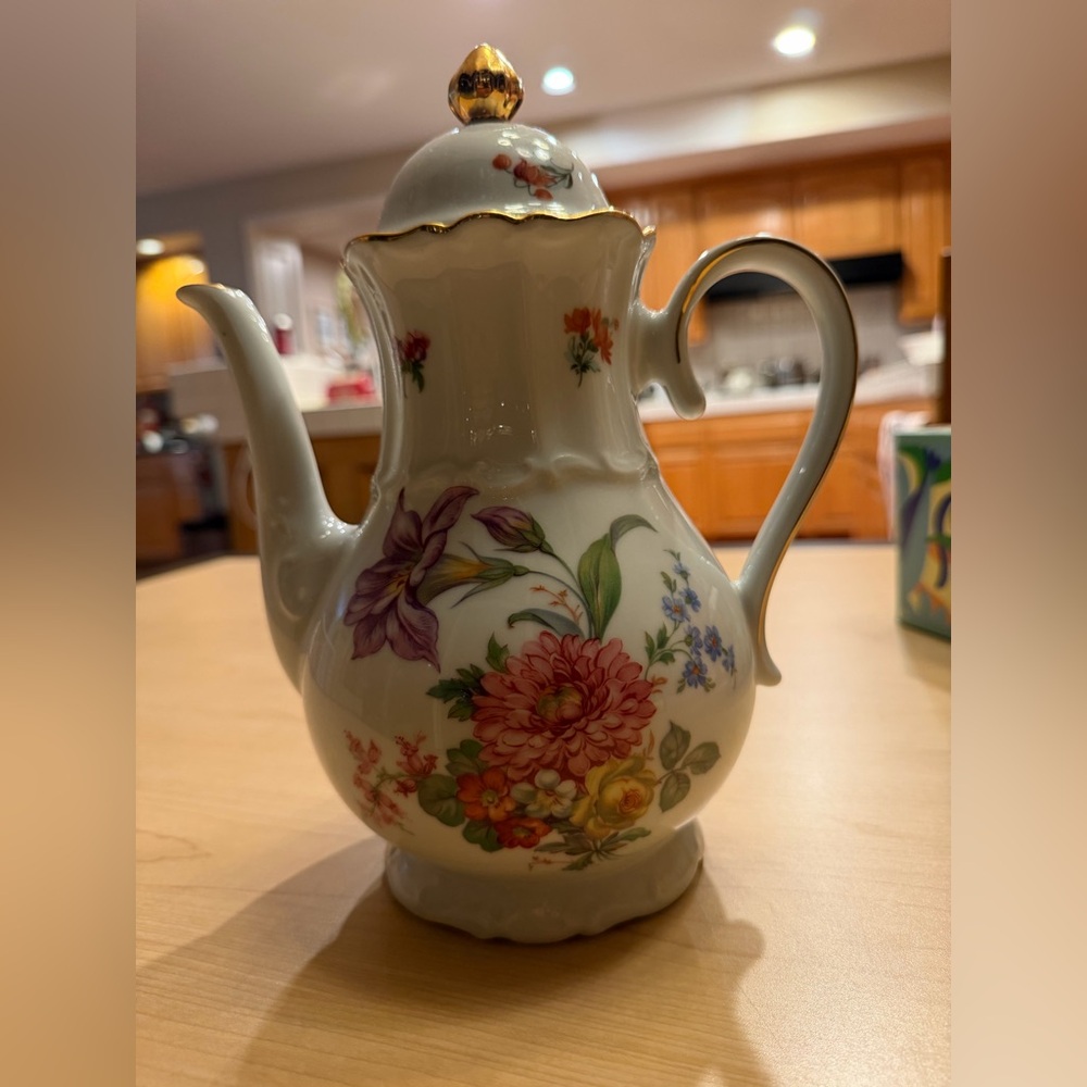 Vintage European Floral Coffee/Tea Pot with Gold Trim 10” tall
